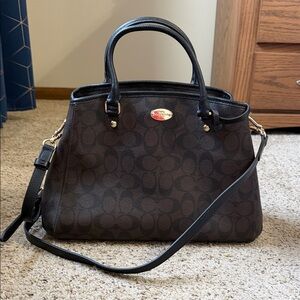 Coach Dark Brown Signature Canvas Satchel with Crossbody Strap